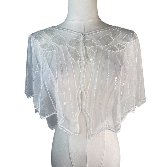 Vintage OS White Beaded Sequin Capelet Bridal Shawl - Picture 4 of 13